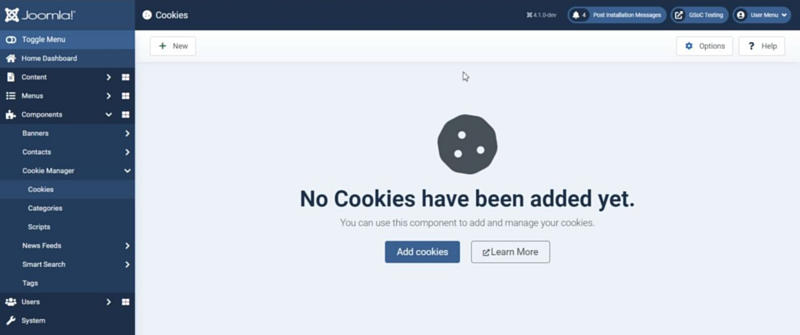 cookie menedzer ciasteczka Joomla 4.2