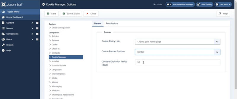 cookie menedzer opcje Joomla 4.2