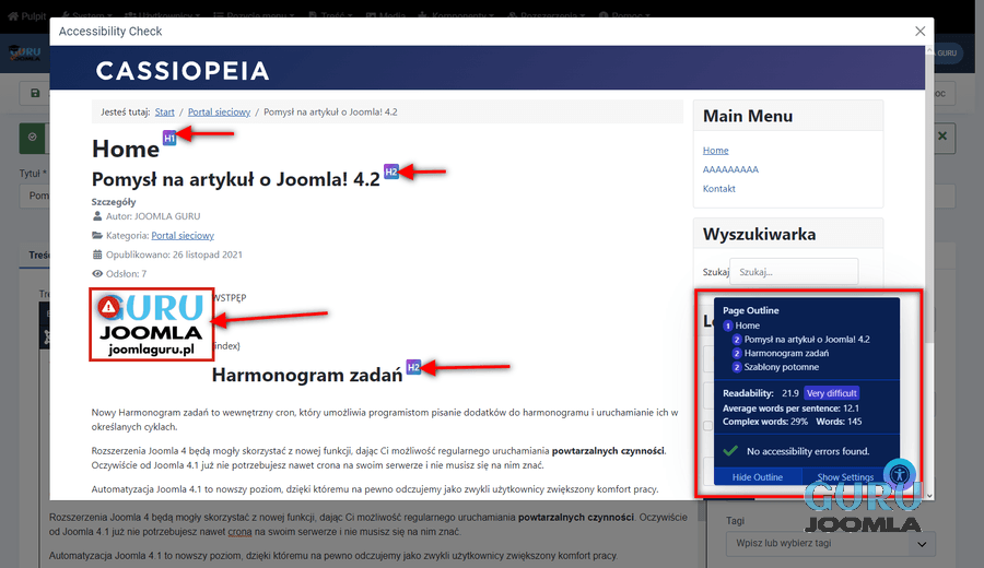 joomla 4 1 sprawdzanie dostepnosci w tresci