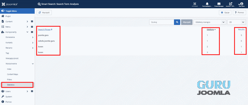 joomla4 inteligetne wyszukiwanie statystyki wyniki