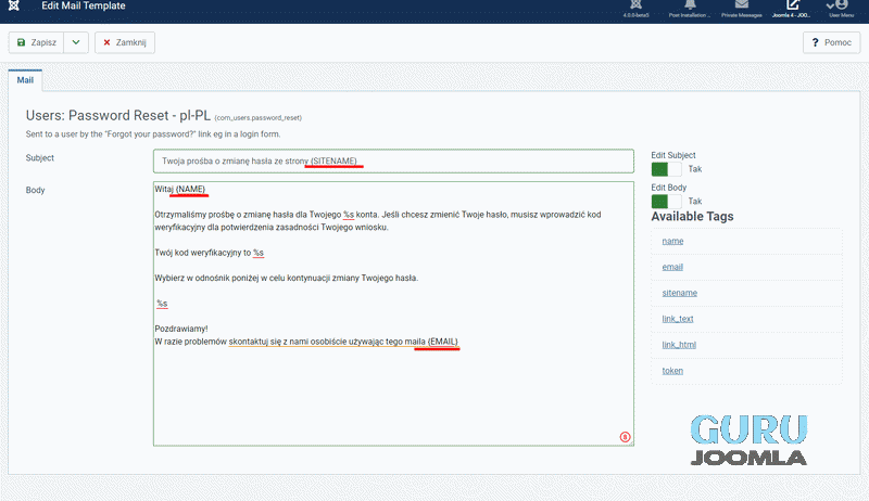 joomla 4 dokonane zmiany szablon wiadomości