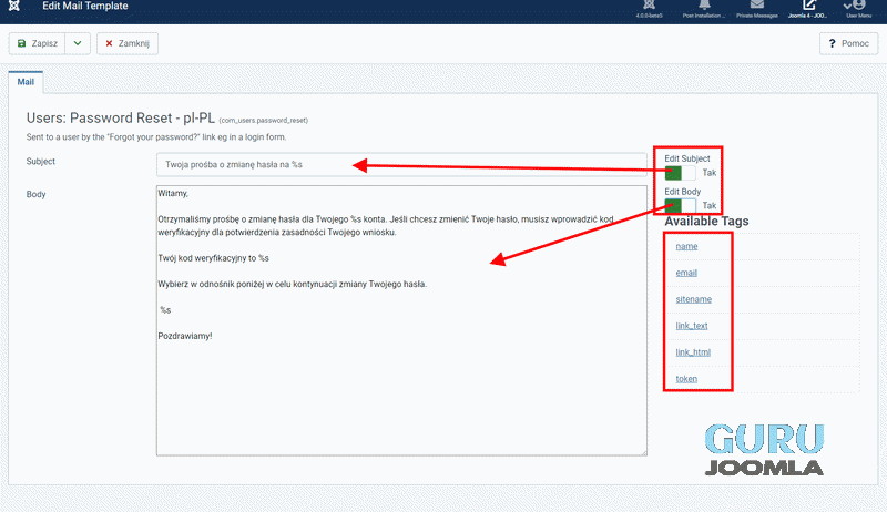 joomla 4 edycja szablonu do resetowania hasła 
