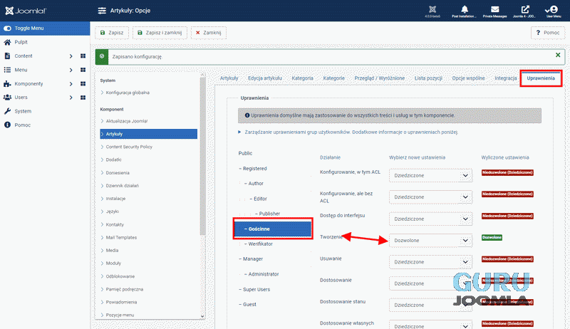 Joomla4 artykuły uprawnienie gościnne