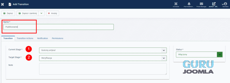 Joomla4 workflow dodanie przejścia 
