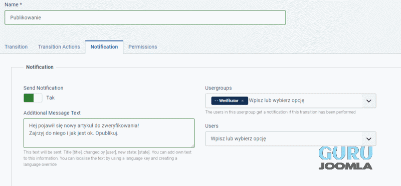 Joomla4 workflow uprawnienie weryfikator powiadomienie