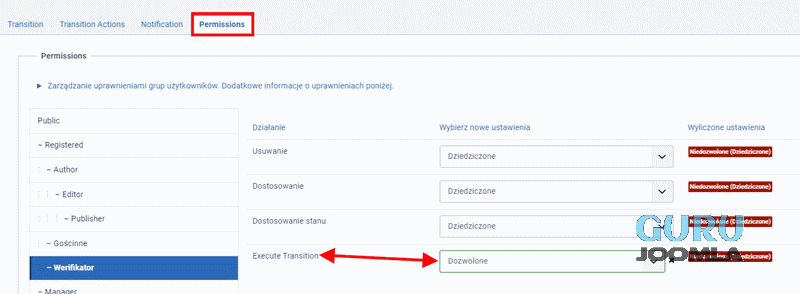 Joomla4 workflow uprawnienie weryfikator przejścia 