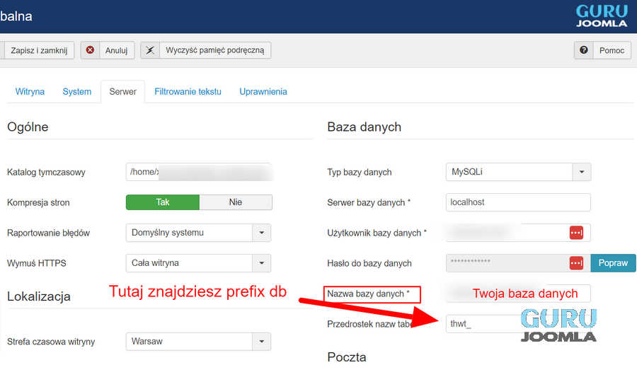 1 Konfiguracja globalna joomla prefix nazwa bazydanych