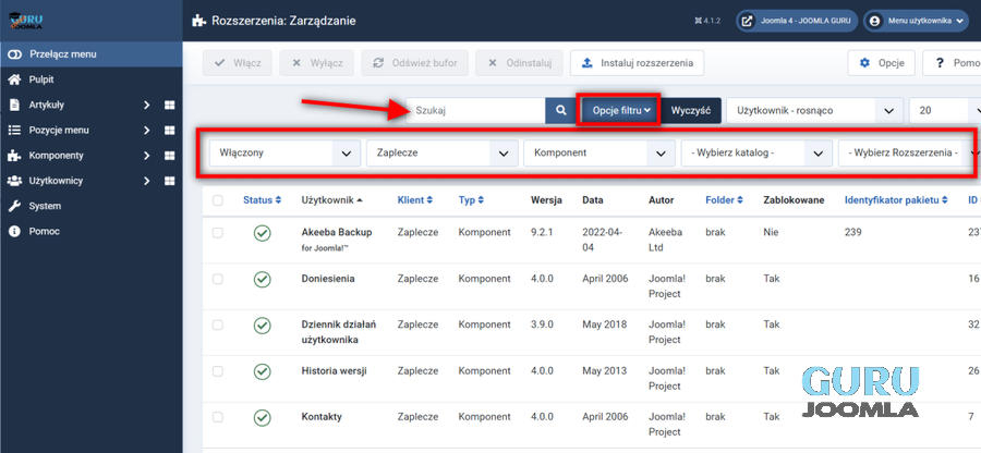 joomla 4 zarzadzanie rozszerzenia wersja filtry i szukanie pomoc joomla