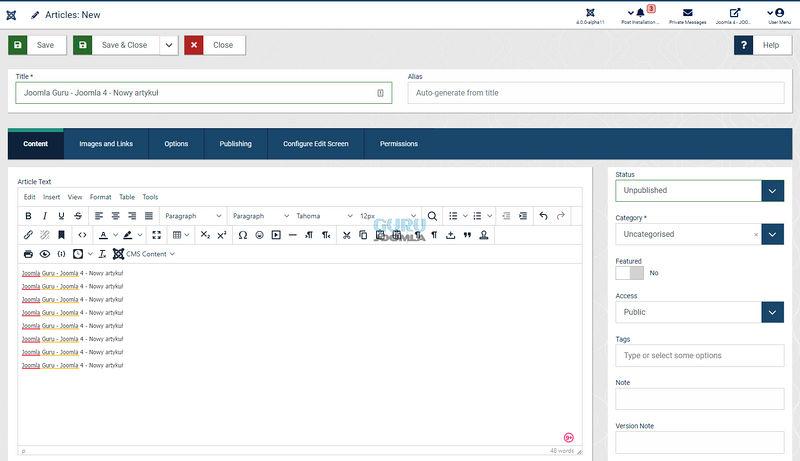 joomla 4 widok tworzenie artykulu