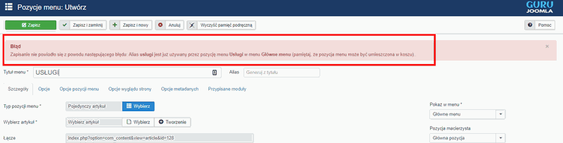 alias używany komunikat JOOMLA!