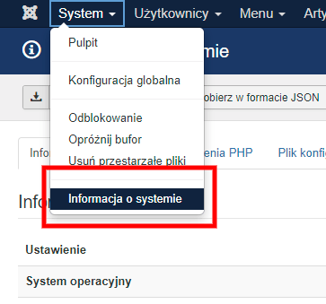 menu informacje o systemie Joomla!