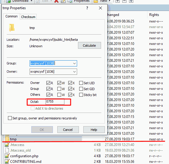 uprawnienia tmp winscp JOOMLA!