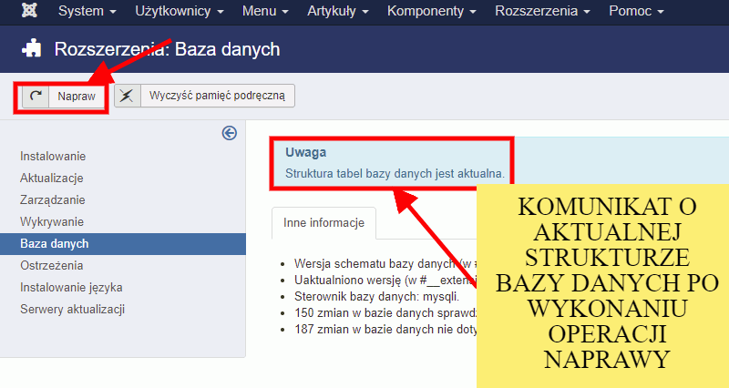 naprawa bazy danych joomla udana