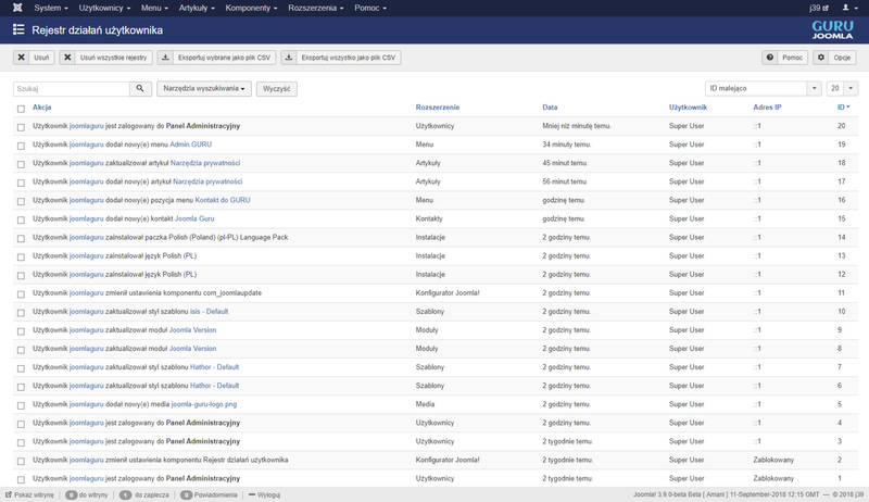 joomla3 9 beta rejestr aktywnosci