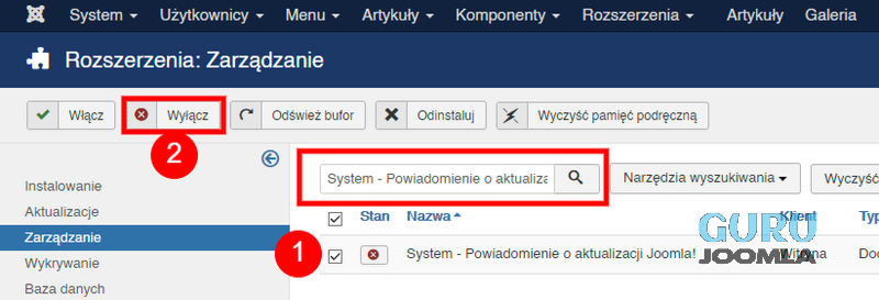 joomla wyłączenie powiadomień mail o aktualizacji
