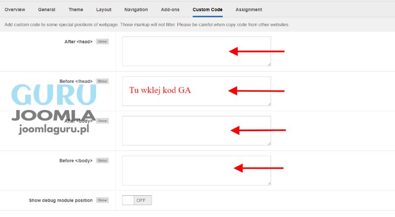 joomalrt custom code dodawanie kodu google analitycs