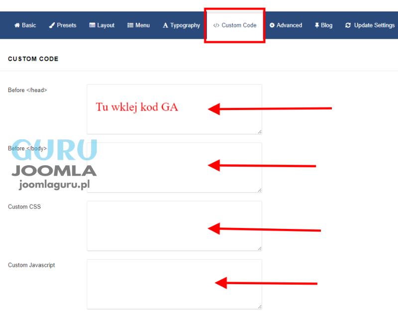 joomshaper helix3 dodanie kodu google analitycs