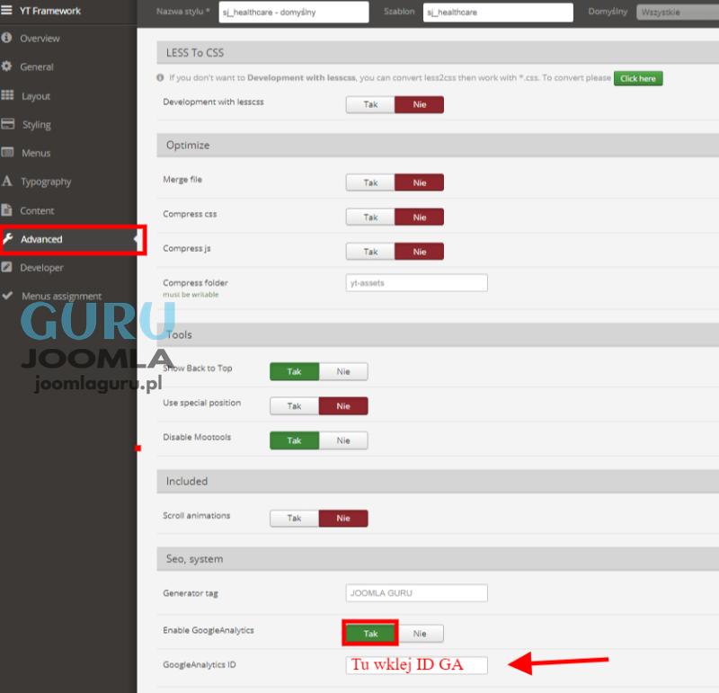 smartaddons ytframework dodanie kodu google analitycs
