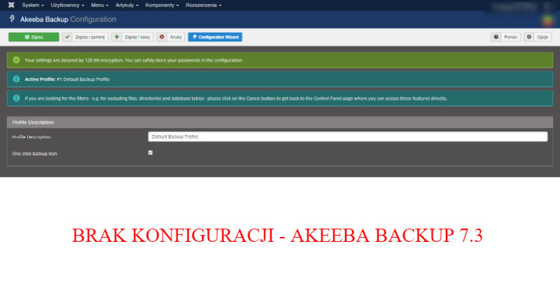 brak konfiguracji akeeba backup 7 3