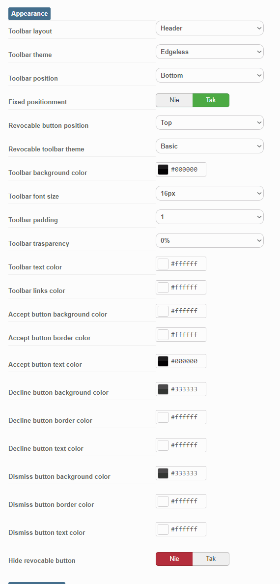ciasteczka gdpr ustawienia wyglad