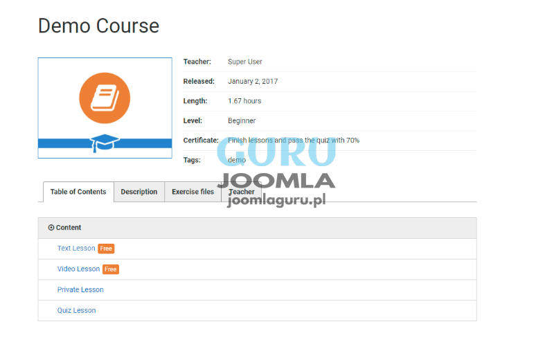 demoextensions.joomlashack.com widok kursu