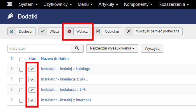 zarzadzanie instaluj zakladki dodatki instalator wylacz