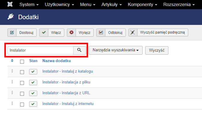 zarzadzanie instaluj zakladki dodatki instalator