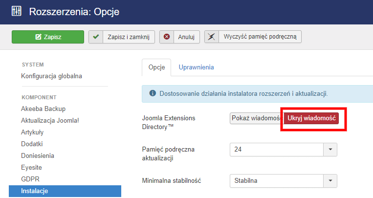 zarzadzanie instaluj zakladki dodatki instaluj internet opcje ukryj