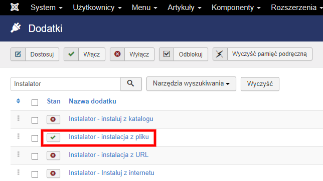 zarzadzanie instaluj zakladki dodatki z pliku