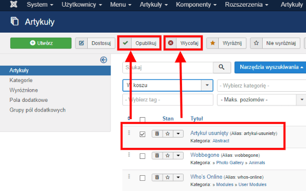 artykuły kosz zarządzanie - przywrcanie