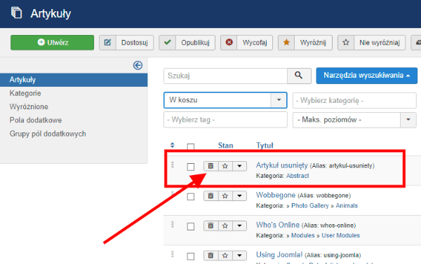 artykuły kosz joomla - szybkie przywracanie