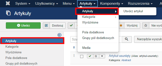 artykuły menu joomla