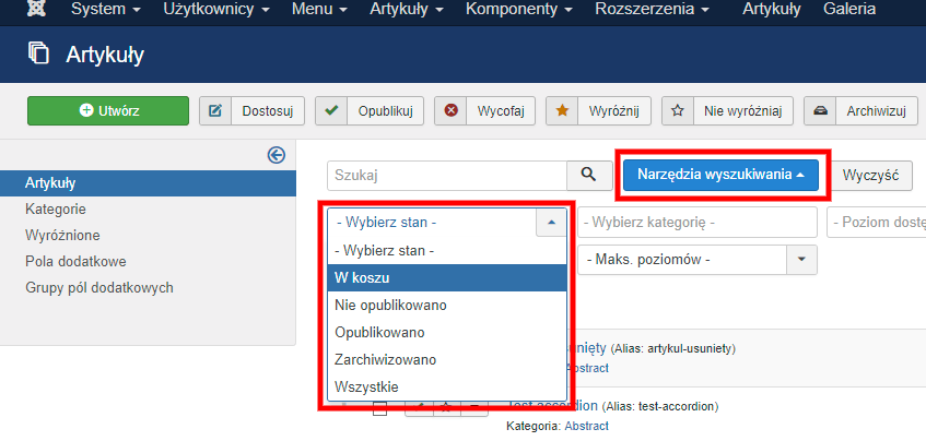 artykuły narzędzia wyszukiwania Joomla