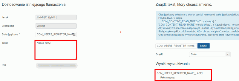 nadpisanie nazwy formularze rejestracyjnego - Joomla