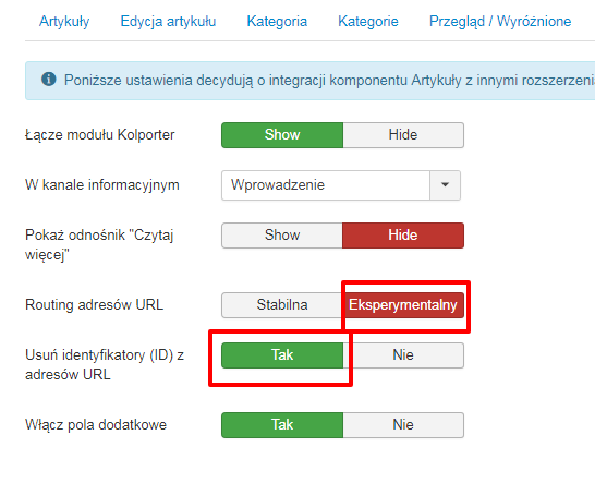 zaplecze artykuly integracja nowe adresy bez id