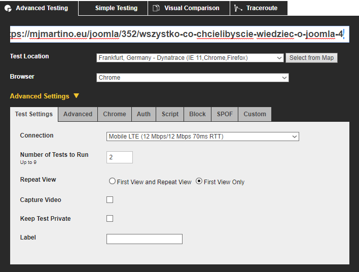 WebPagetest ustawienia