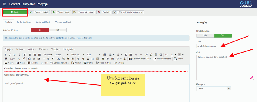 content templater utworzenie szablonu