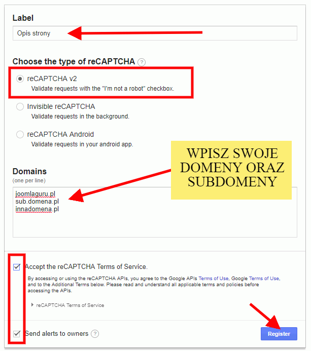 recaptcha 2 ustawienia