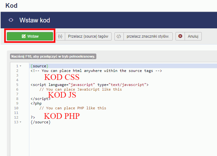 sourcerer wstawianie kodu