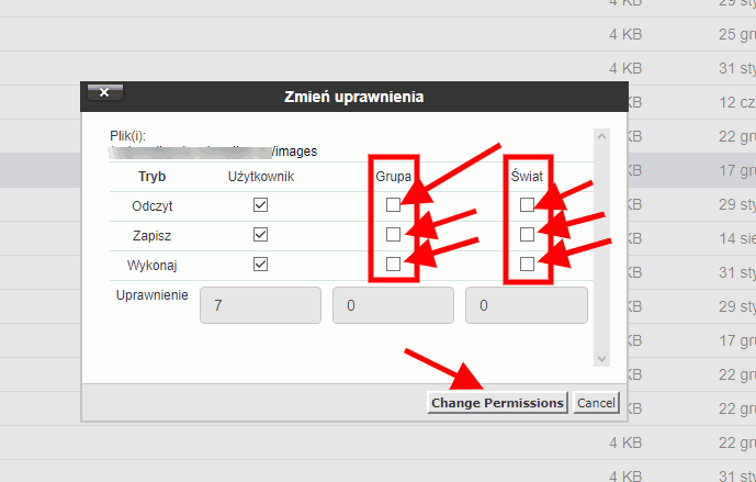 cpanel manager plikow zmiana praw okno