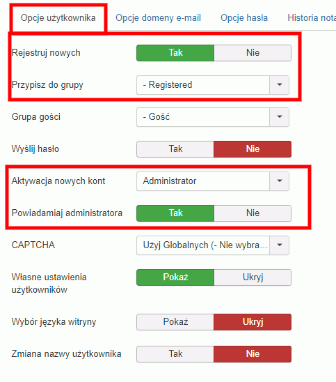 opcje użytkownicy - ustawienia powiadomień administratorów w Joomla.