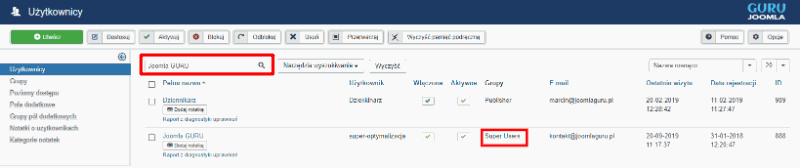 edycja użytkownik super user w Joomla.