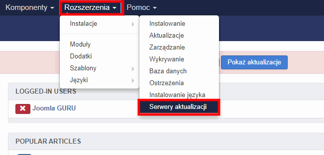 menu serwery aktualizacji