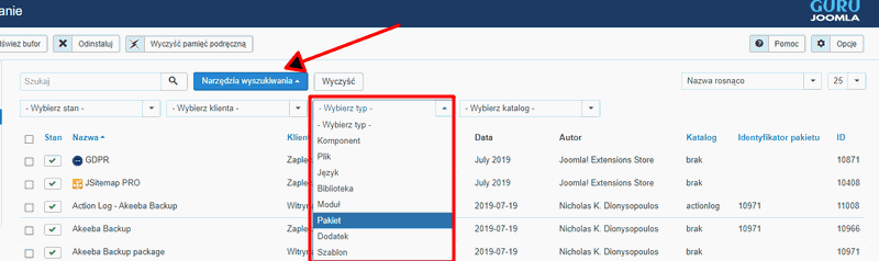 usuwanie rozszerzeń zarządzanie filtrowanie joomla