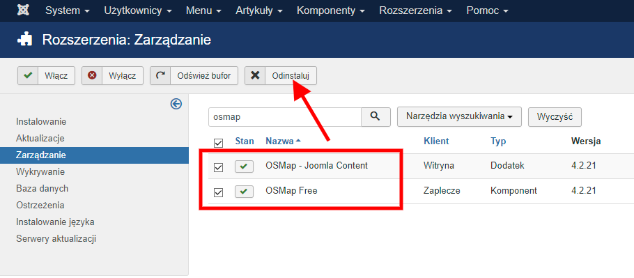 usuwanie rozszerzeń modułów oraz dodatków zarządzanie joomla