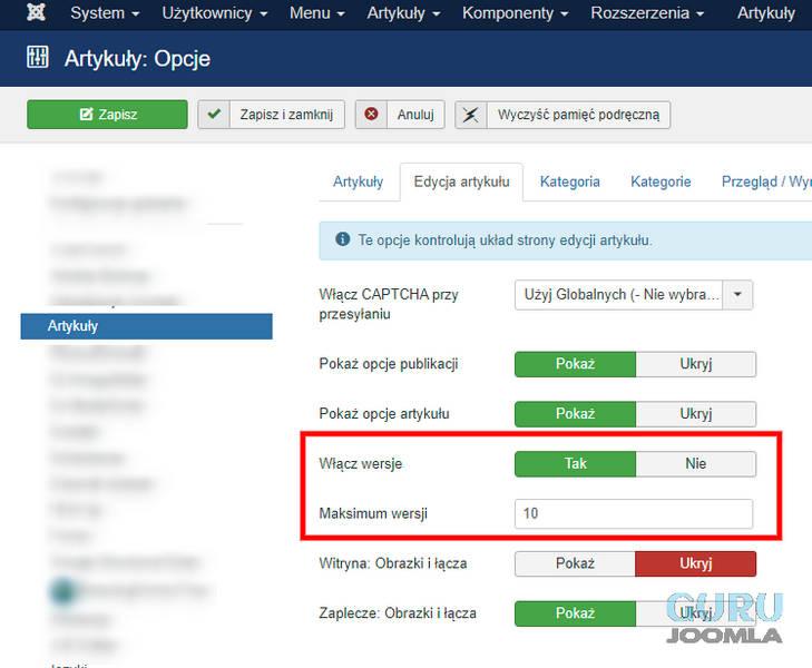 artykuły opcje wersjonowanie liczba wersji w Joomla