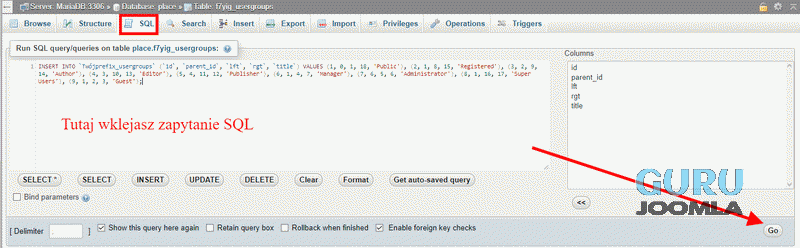 phpmyadmin resetowanie uprawnień w Joomla zapytanie sql wykonanie