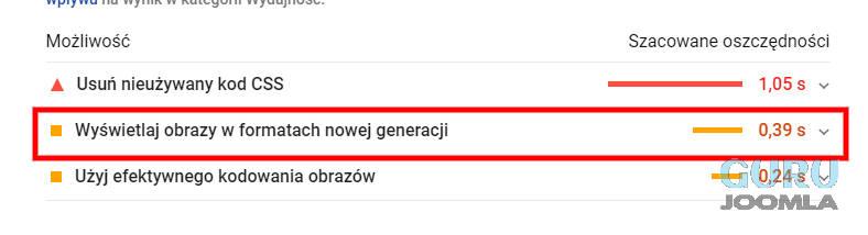 Komunikat wyświetlaj obrazy w formatach nowej generacji ostrzeżenie